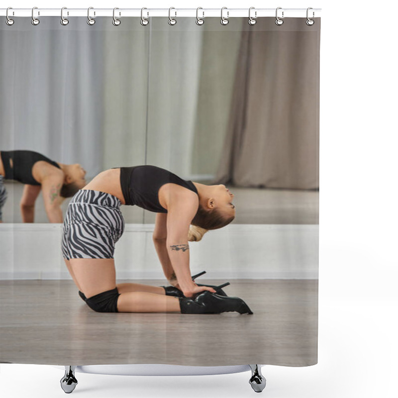 Personality  A Graceful Woman In Zebra Shorts Bends Over, Showcasing Her Toned Limbs And Strong Joints In Studio Shower Curtains