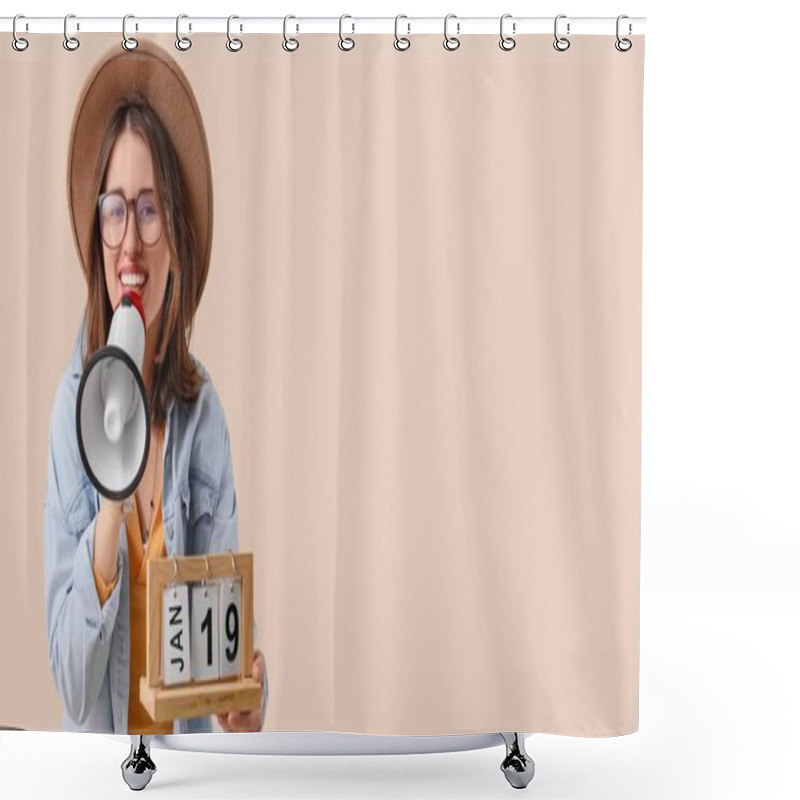 Personality  Young Woman With Calendar And Megaphone On Beige Background With Space For Text. Artist As Outlaw Day Shower Curtains