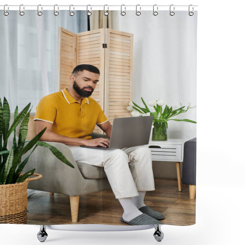 Personality  A Stylish Man Engages With His Laptop In A Tranquil Home Environment. Shower Curtains