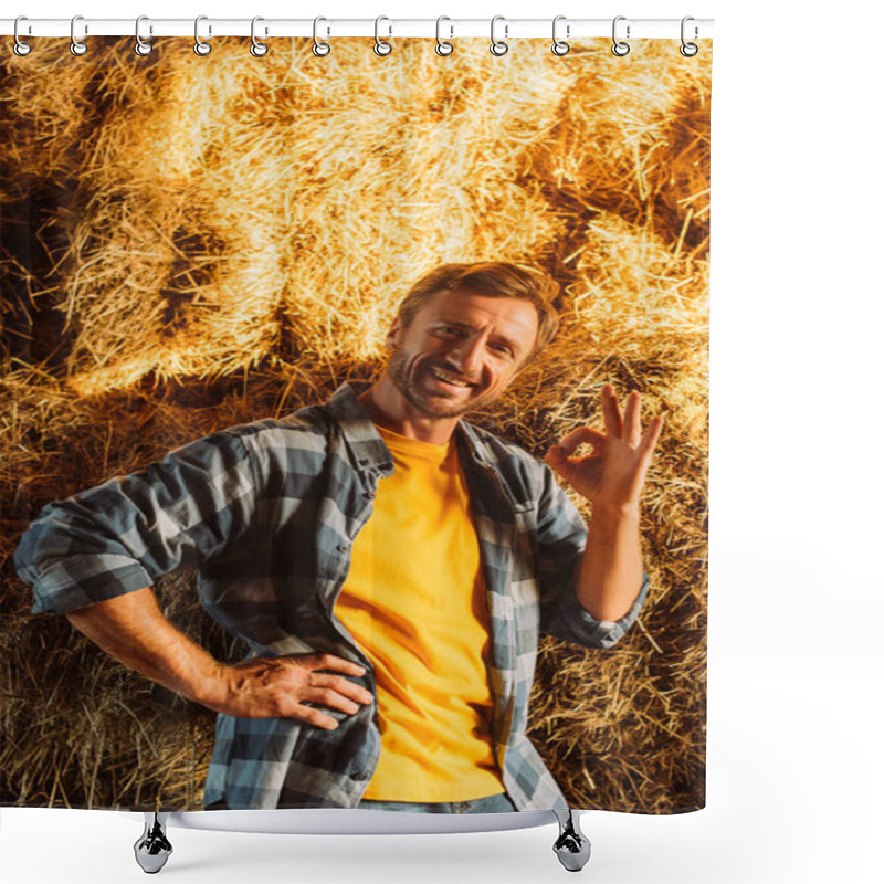 Personality  Rancher In Plaid Shirt Showing Okay Gesture While Looking At Camera Near Hay Stack Shower Curtains