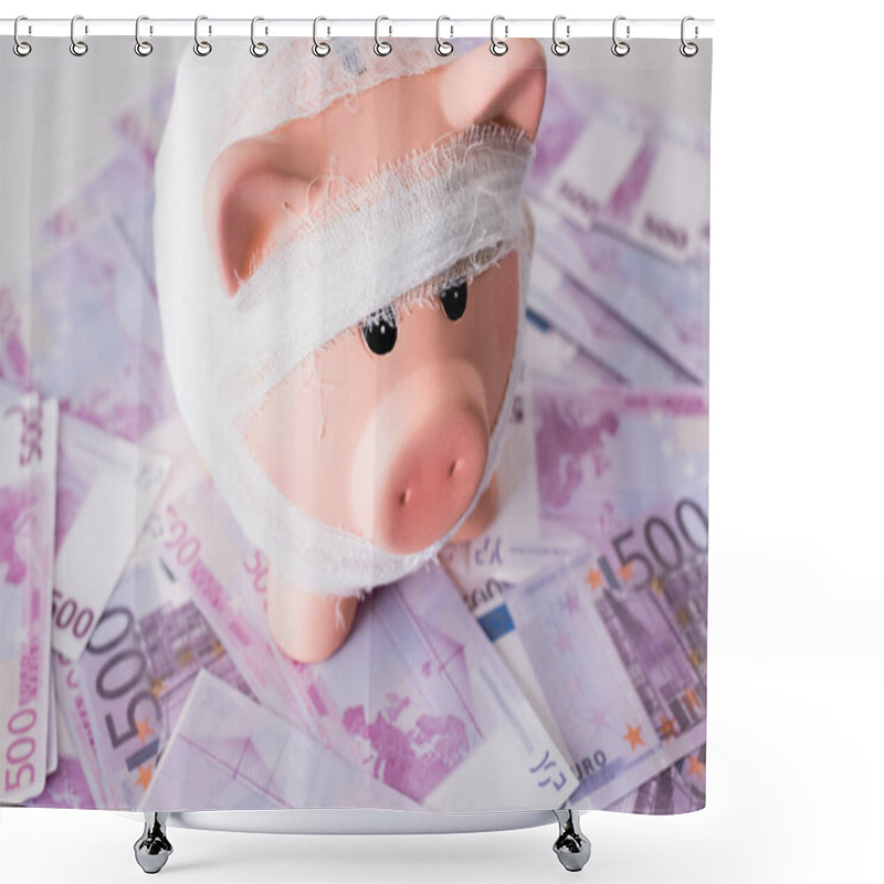 Personality  Selective Focus Of Piggy Bank With Bandage On Money Shower Curtains