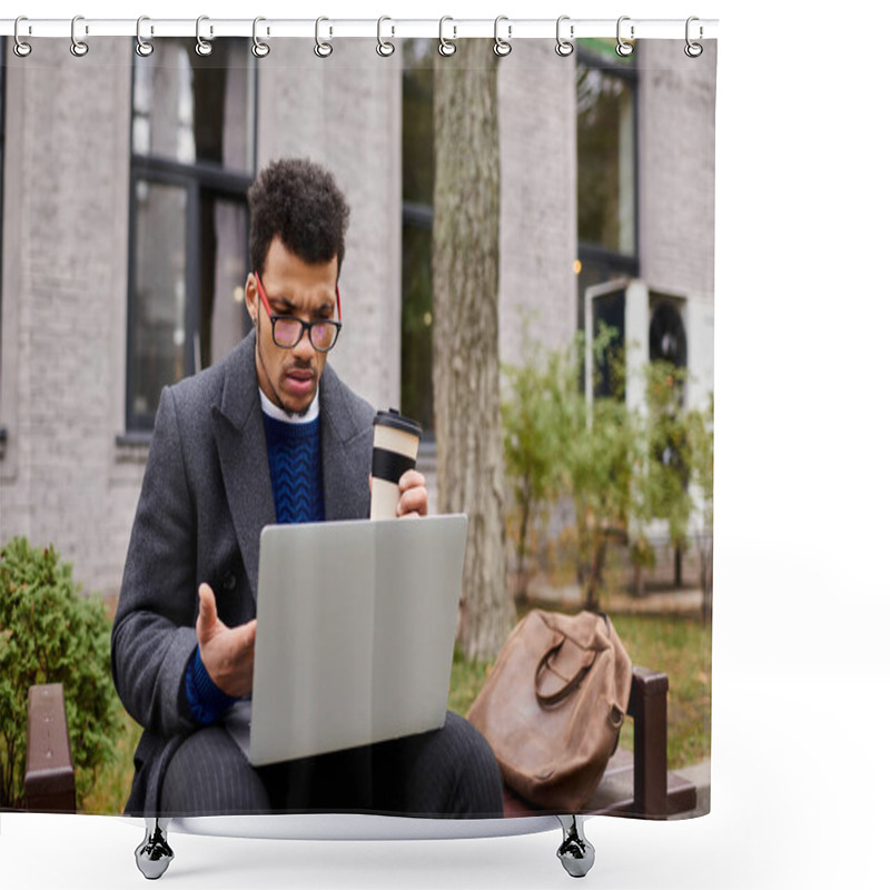 Personality  A Handsome Man Enjoys His Coffee While Working Intently On His Laptop Outdoors. Shower Curtains