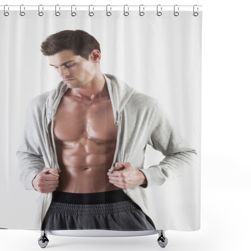 Personality  Portrait Of A Muscle Man Posing In Studio Shower Curtains