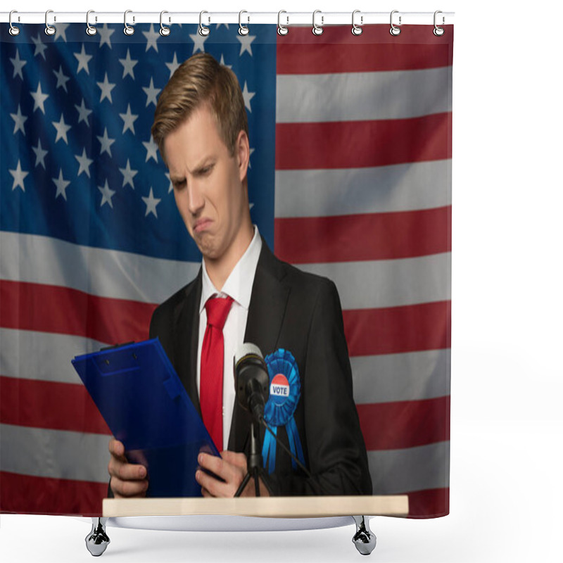 Personality  Emotional Man Looking At Clipboard On Tribune On American Flag Background Shower Curtains