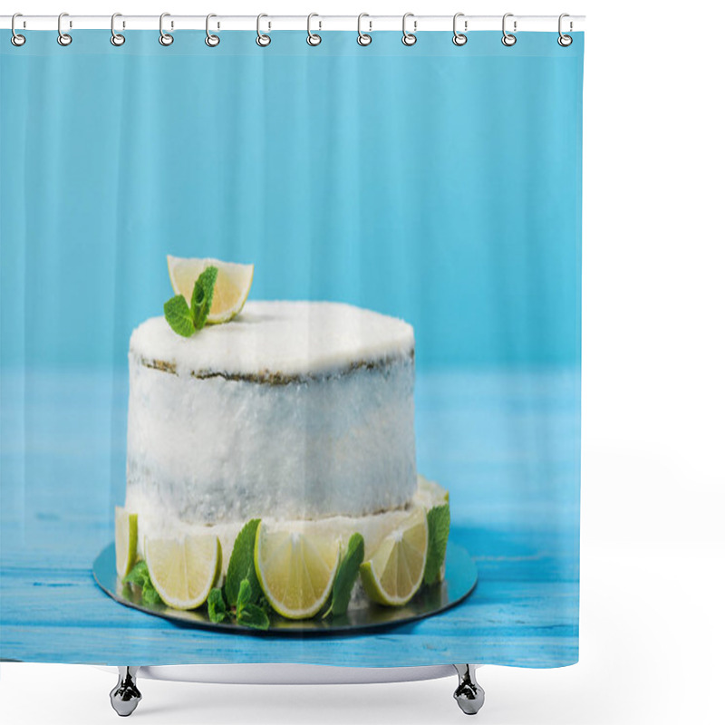 Personality  White Cake Decorated With Lime Slices On Table Isolated On Blue Shower Curtains