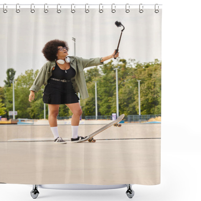 Personality  A Young African American Woman With A Voluminous Afro Confidently Holding A Selfie Stick And Skateboard At An Outdoor Skate Park. Shower Curtains