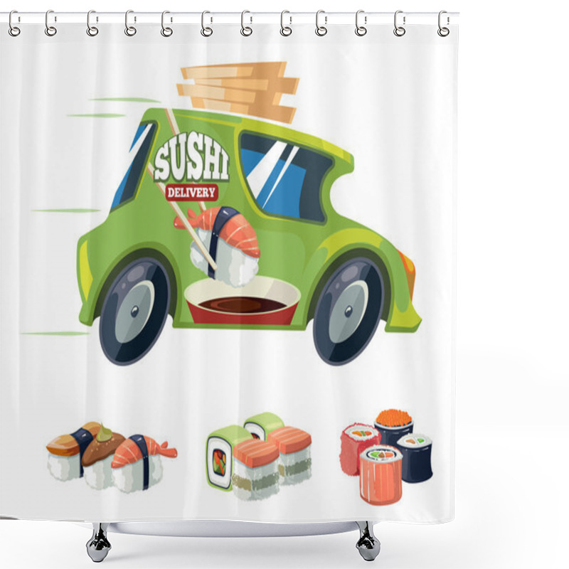 Personality  Vector Illustration Of Sushi Delivery Green Car Shower Curtains