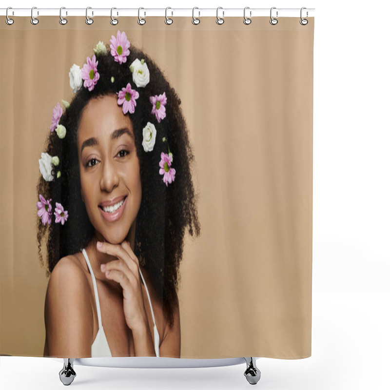 Personality  A Portrait Of A Beautiful African American Woman With Natural Makeup And Flowers In Her Hair Against A Beige Background. Shower Curtains