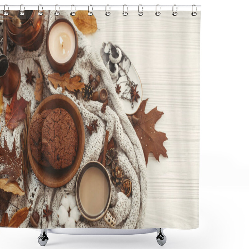 Personality  Stylish Autumn Flat Lay. Delicious Coffee,cookies And Beautiful Fall Leaves, Candle, Nuts, Acorns, Cotton, Cinnamon On Sweater And White Rustic Background Top View. Cozy Autumn Image Shower Curtains