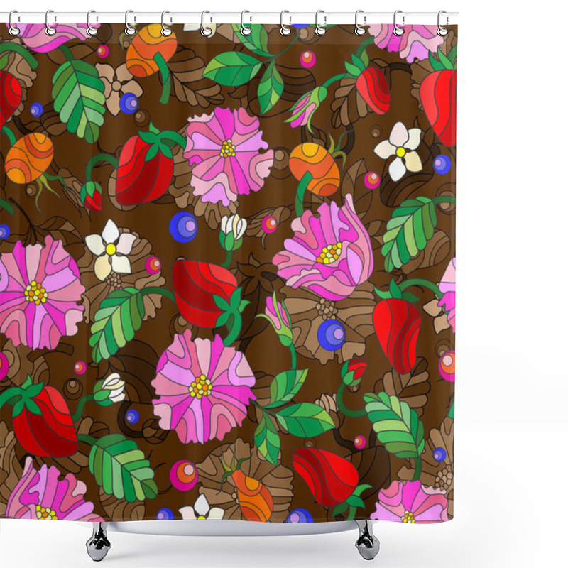 Personality  Seamless Pattern With Spring Flowers In Stained Glass Style, Flowers, Buds And Leaves Of  Rosehip And Strawberry On A Brown Background Shower Curtains