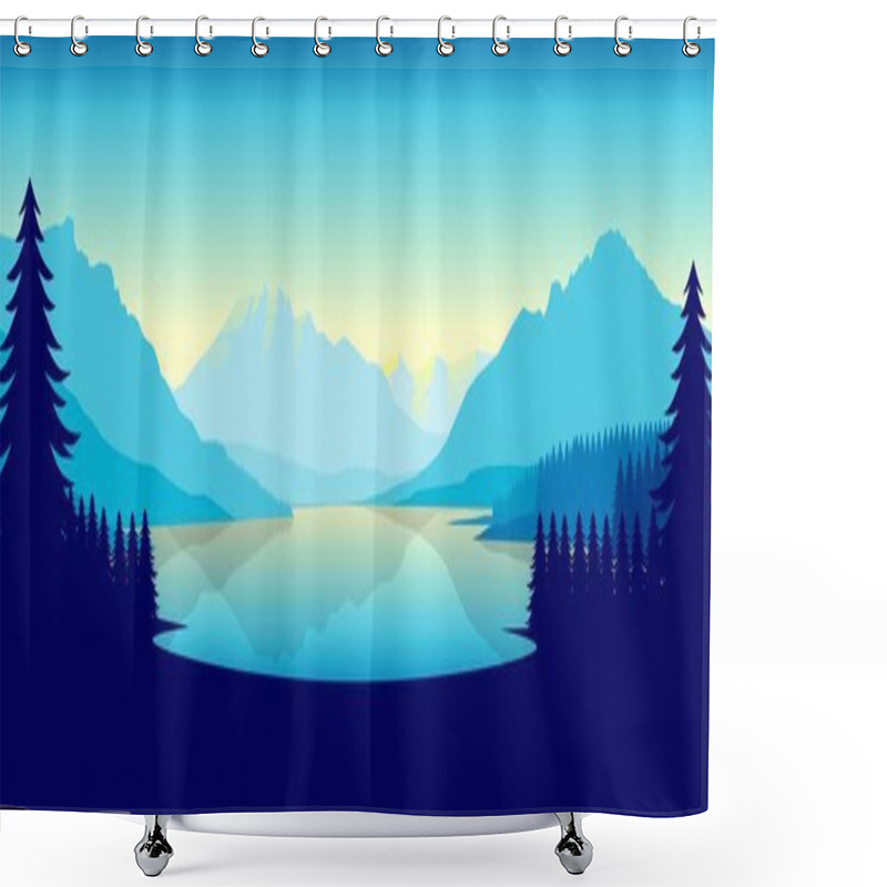 Personality  Blue Mountain Landscape Wallpaper In A Minimalist Flat Design Style Shower Curtains