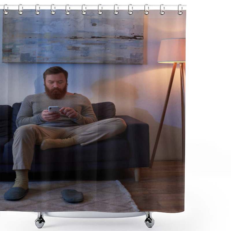 Personality  Phone Browsing, Mobile Interaction, Bearded Man With Red Hair Using Smartphone, Sitting On Couch Painting On Wall, Slippers On Carpet, Night, Light From Lamp, Leisure Time, Digital Age  Shower Curtains