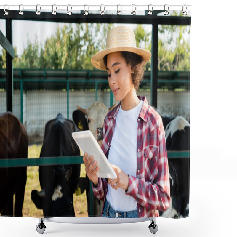 Personality  Young African American Woman In Straw Hat Using Digital Tablet Near Blurred Cowhouse Shower Curtains