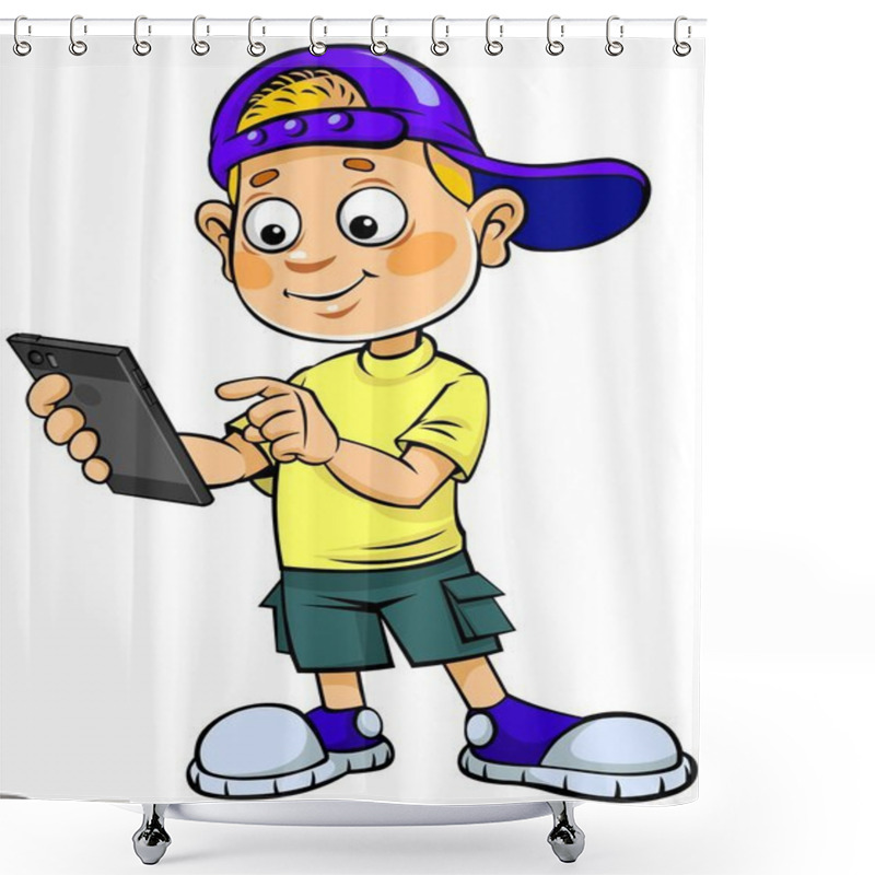 Personality  Cartoon Kid With Mobile Phone Shower Curtains