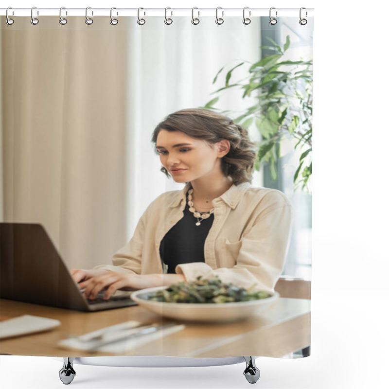 Personality  Positive Woman With Wavy Brunette Hair, In Stylish Casual Clothes Typing On Laptop Near Fresh Vegetable Salad While Sitting At Table In Lobby Cafe Of Contemporary Hotel, Work And Travel Shower Curtains