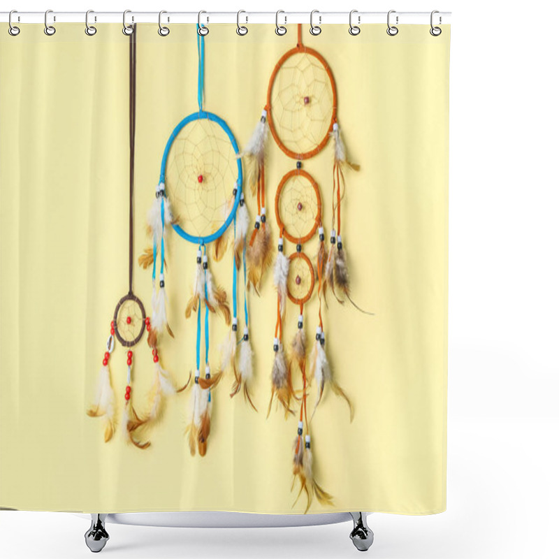 Personality  Beautiful Dreamcatchers On Beige Background Shower Curtains