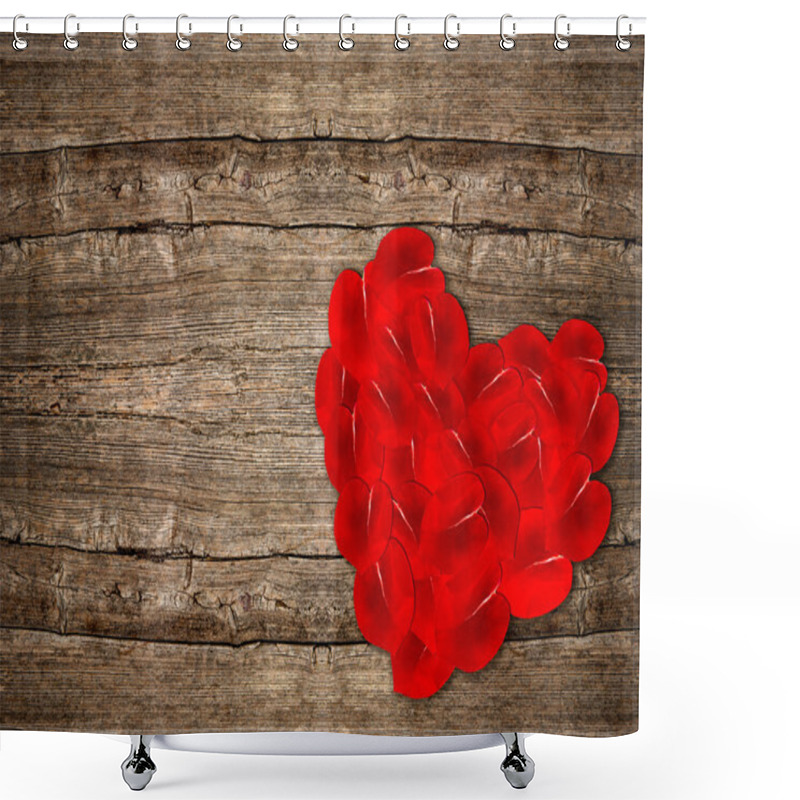 Personality  Heart Shaped Red Rose Petals On Wooden Background Shower Curtains