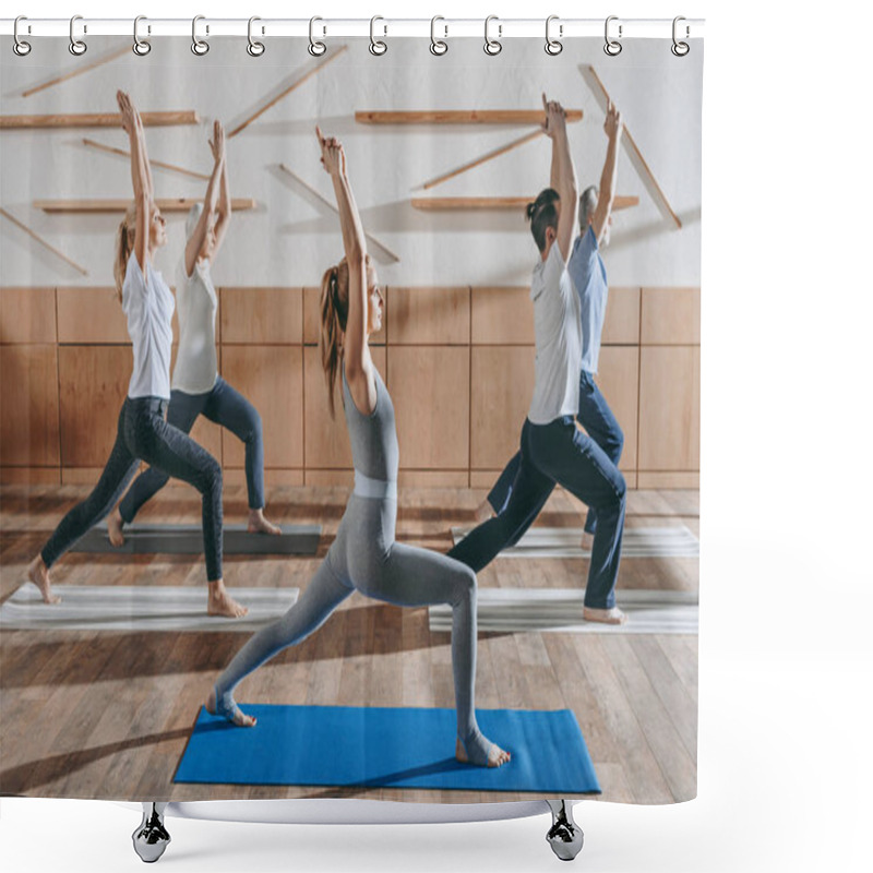 Personality  Group Of Senior People Practicing Yoga With Instructor In Warrior Pose On Mats In Studio Shower Curtains