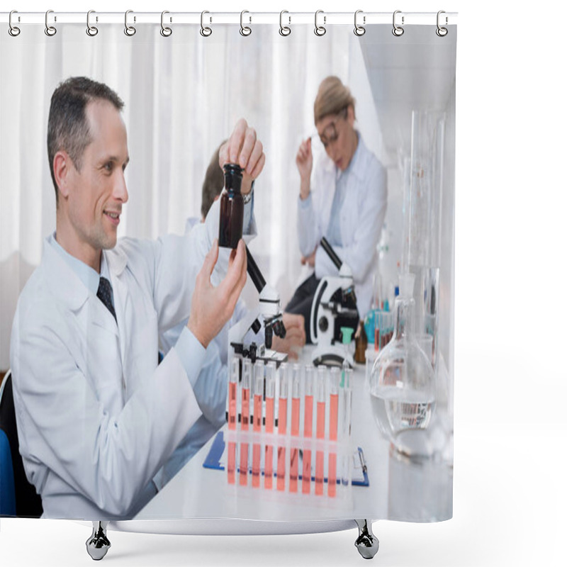 Personality  Scientist Holding Jar With Chemical Shower Curtains