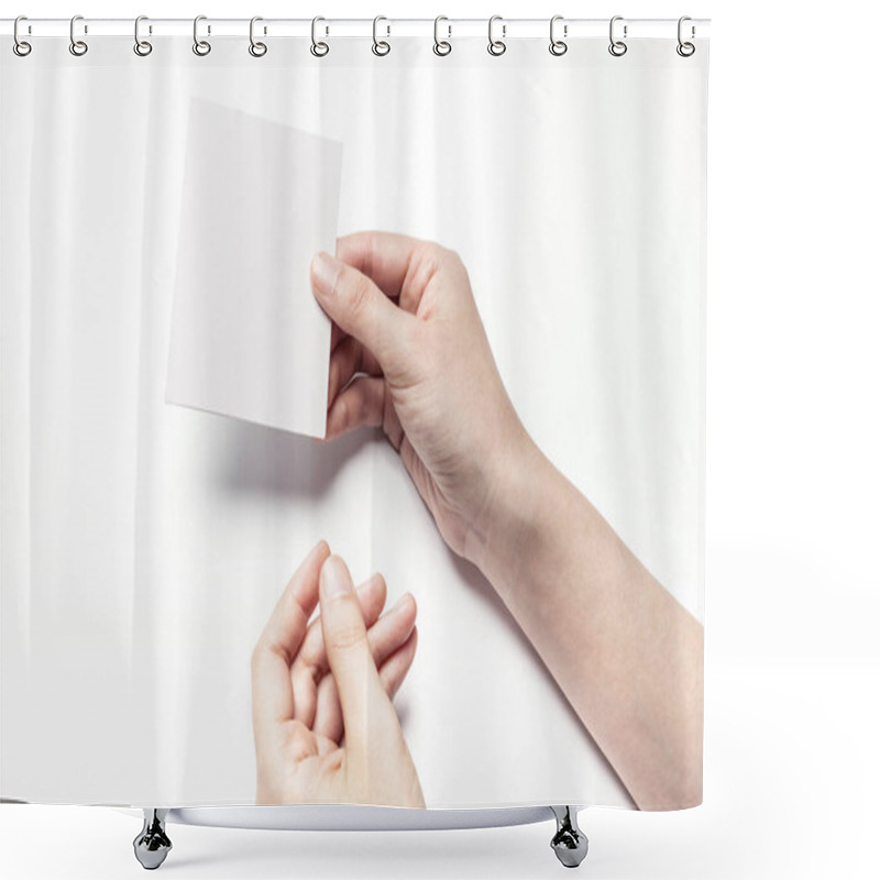 Personality  Holding A White Postcard. Shower Curtains