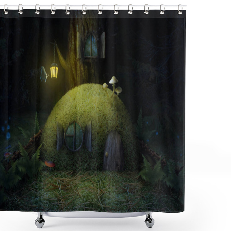 Personality  A Fabulous Green House In A Forest Near A Tree At Night With A Round Window And Light From A Lantern. Shower Curtains