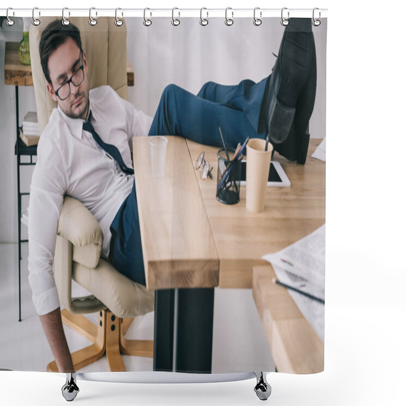 Personality  Businessman Sleeping In Armchair With Feet On Table At Office Shower Curtains