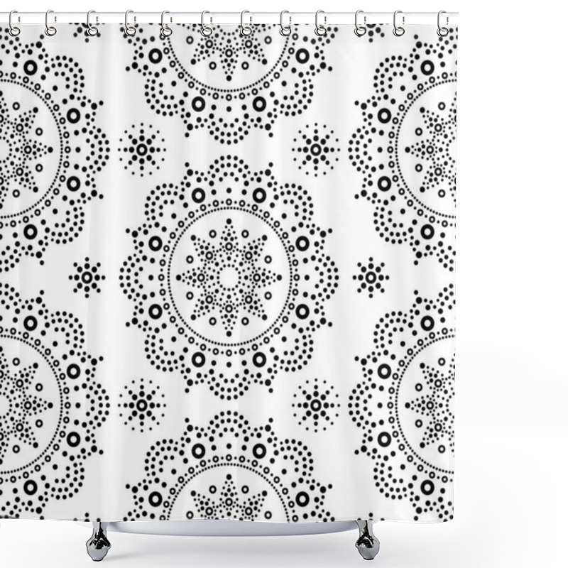 Personality  Aboriginal Dot Painting Mandala Seamless Vector Pattern, Black Bohemian Mandala Vector Dot Art On White Background, Retro Folk Design Inspired By Traditional Art From Australia  Shower Curtains