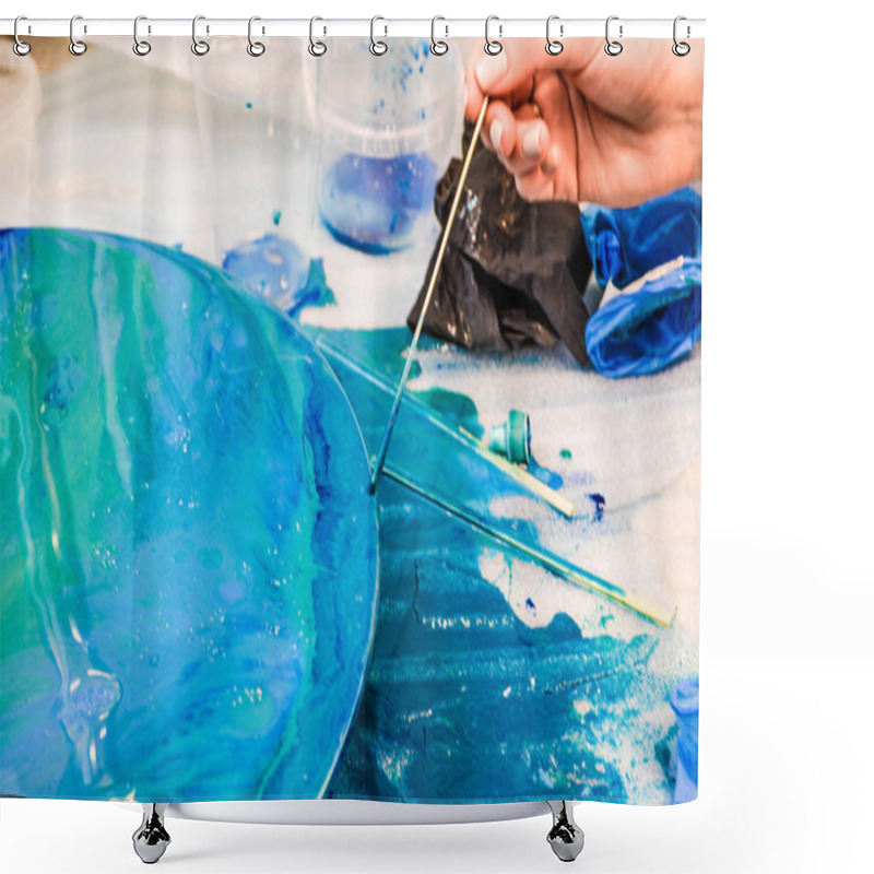 Personality  The Process Of Creating A Home-made Trendy Abstract Modern Pattern Painted With A Brush Of Acrylic Blue Multi-colored Resin On A Round Wooden Board Shower Curtains