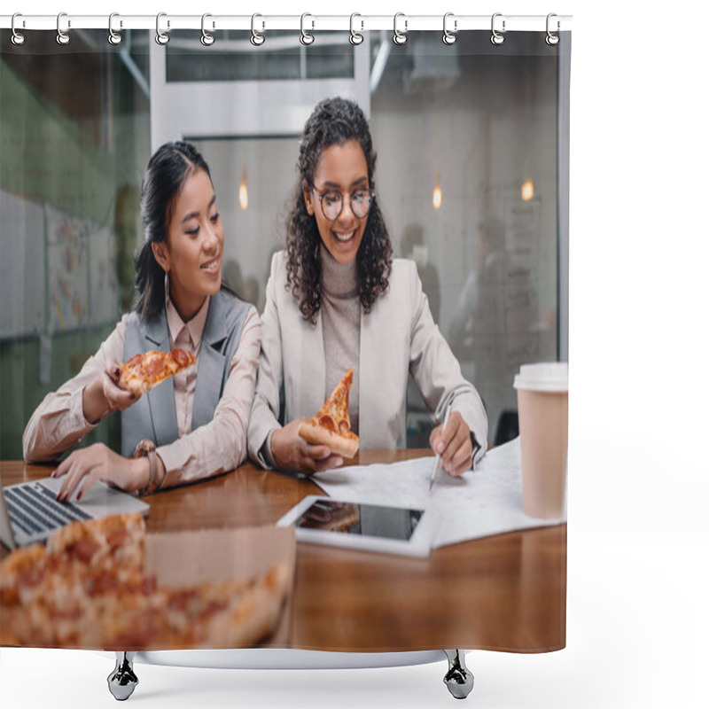 Personality  Multiethnic Businesswomen Eating Pizza And Working In Office Shower Curtains