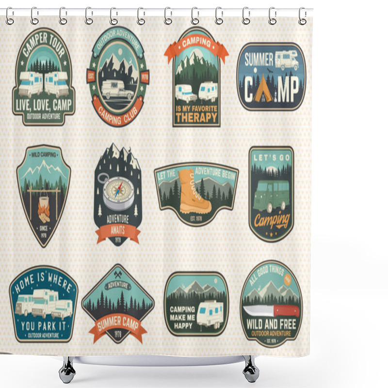 Personality  Set Of Rv Camping Badges, Patches. Vector. Concept For Shirt Or Logo, Print, Stamp Or Tee. Vintage Typography Design With RV Motorhome, Camping Trailer And Off-road Car Silhouette. Shower Curtains