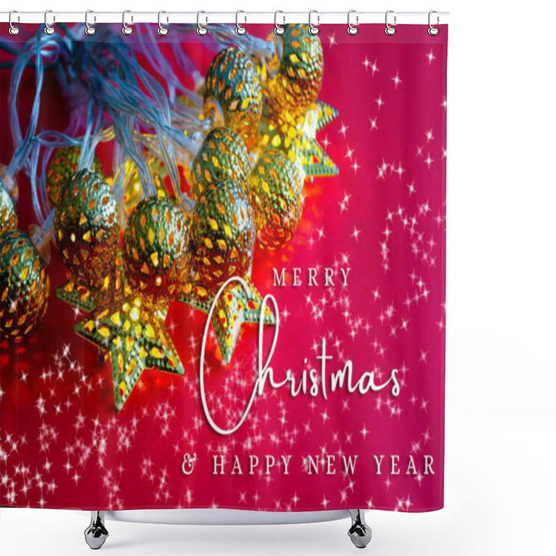 Personality  Merry Christmas And Happy New Year Text With White Stars And Golden Christmas Balls Background. Christmas And Holiday Season. Shower Curtains