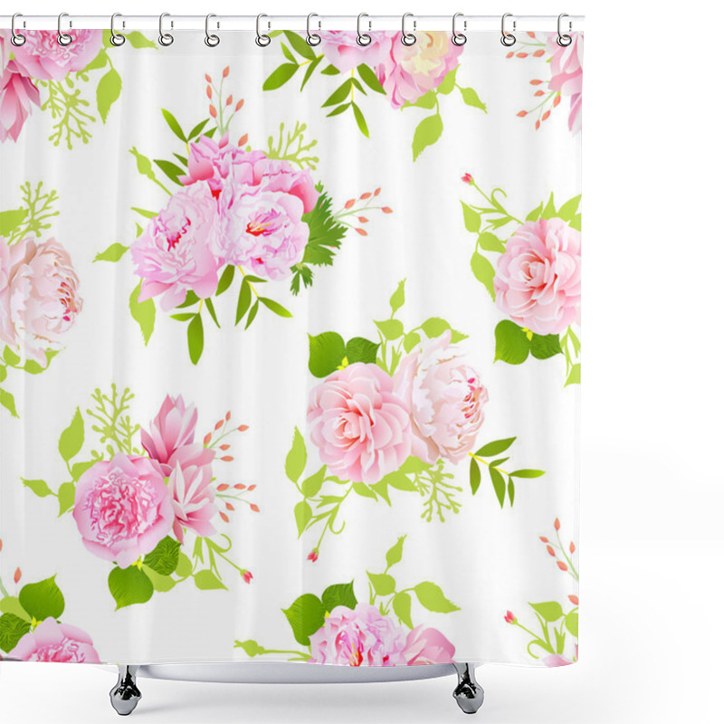 Personality  Pink Peonies With Green Leaves On White Seamless Vector Print In Shower Curtains