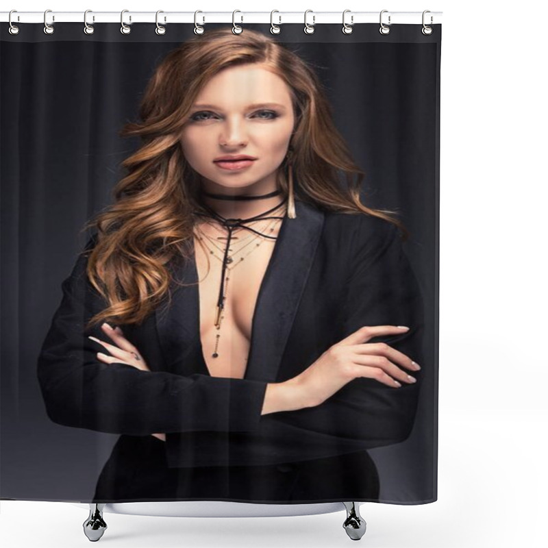 Personality  Attractive Woman With Curly Hair And Crossed Hands Isolated On Gray Shower Curtains