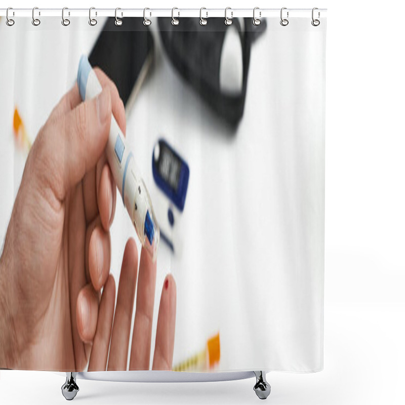 Personality  A Young Man With Diabetes Checks His Blood Sugar In A Stylish Home, Demonstrating His Daily Routine, Banner Shower Curtains