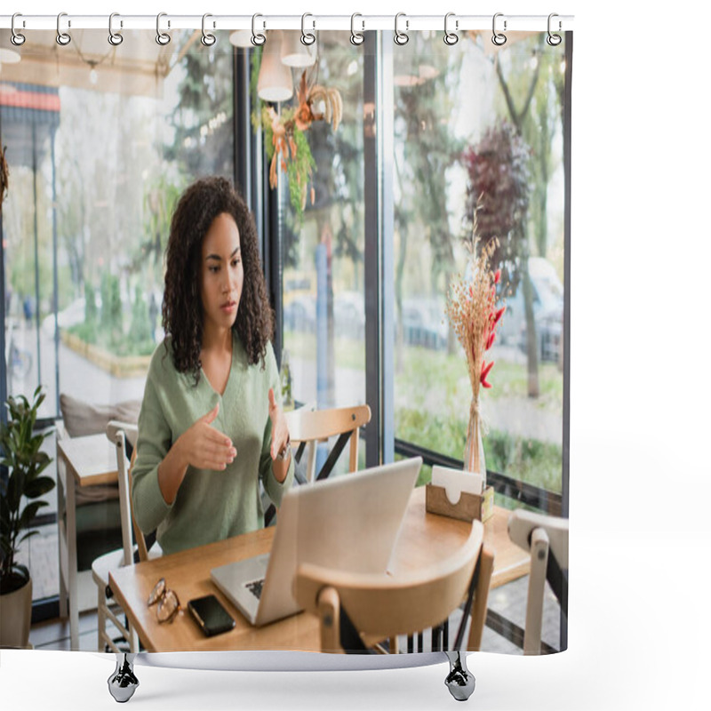 Personality  Curly African American Woman Gesturing While Explaining And Looking At Laptop During Video Call  Shower Curtains