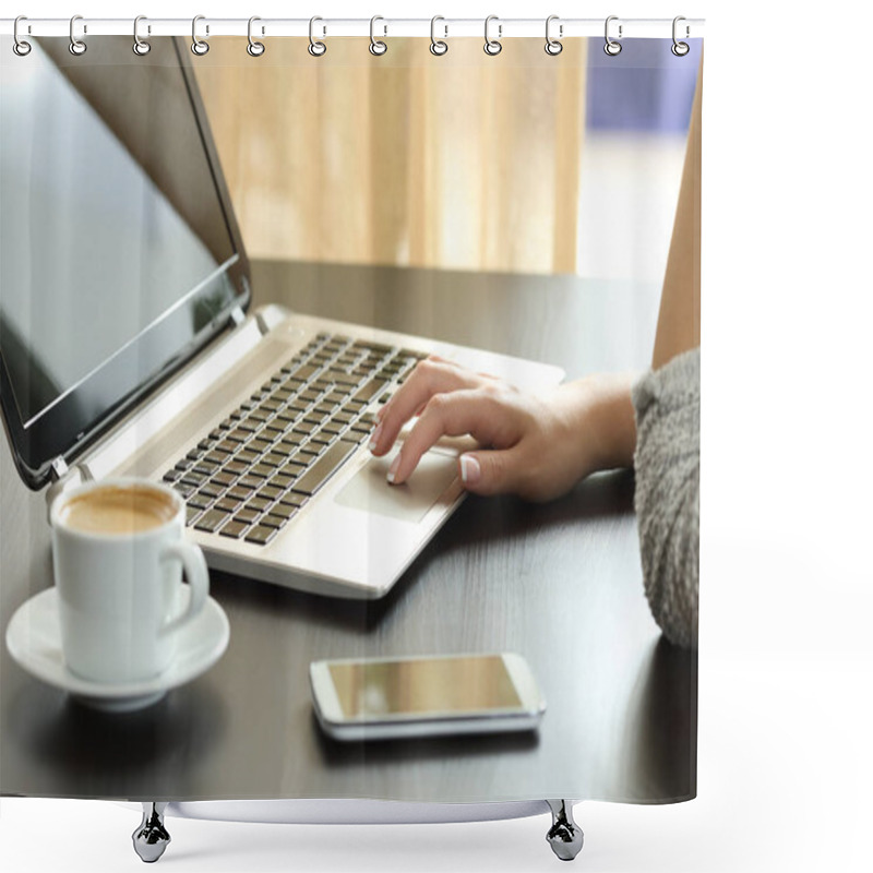 Personality  Close Up Of A Lady Hand Browsing In A Laptop Shower Curtains