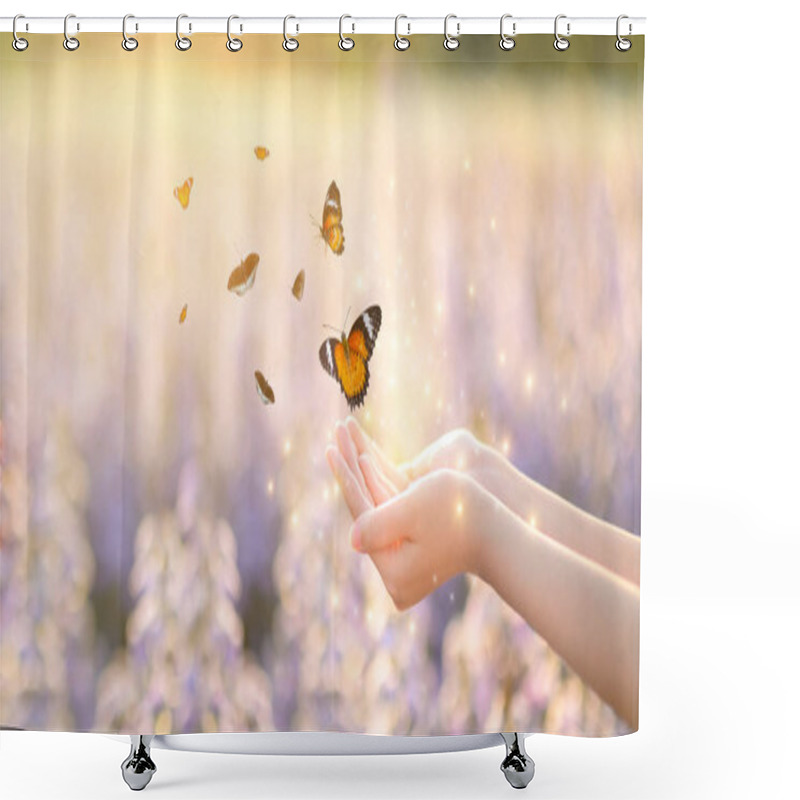 Personality  The Girl Frees The Butterfly From The Jar, Golden Blue Moment Concept Of Freedom Shower Curtains