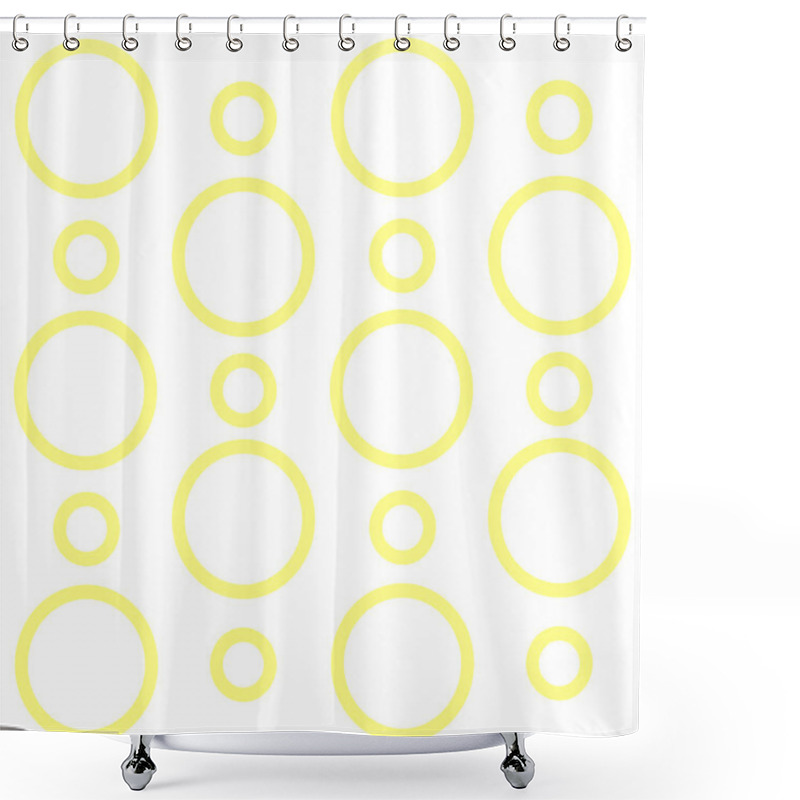 Personality  Repeat Pattern Of Yellow Loop Rings In Random On White Isolated. Pale Golden Circles Different Sizes Scattered. Creative Printable Backdrop Idea For Retro Style And Modern Design. Shower Curtains