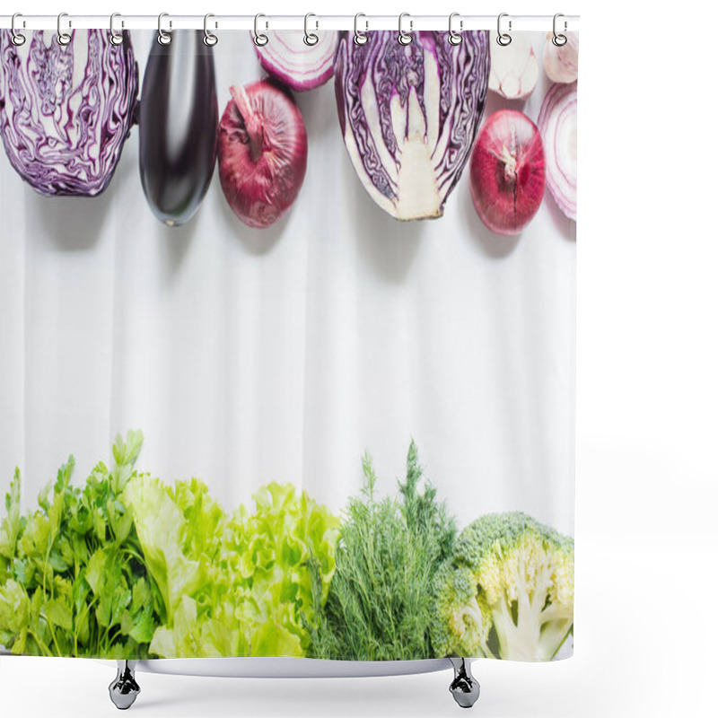 Personality  Top View Of Purple And Green Vegetables On White Background Shower Curtains