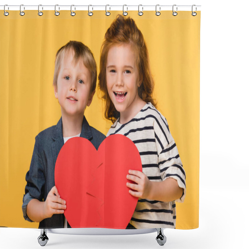 Personality  Portrait Of Kids Holding Red Paper Heart Together Isolated On Yellow, St Valentines Day Concept Shower Curtains