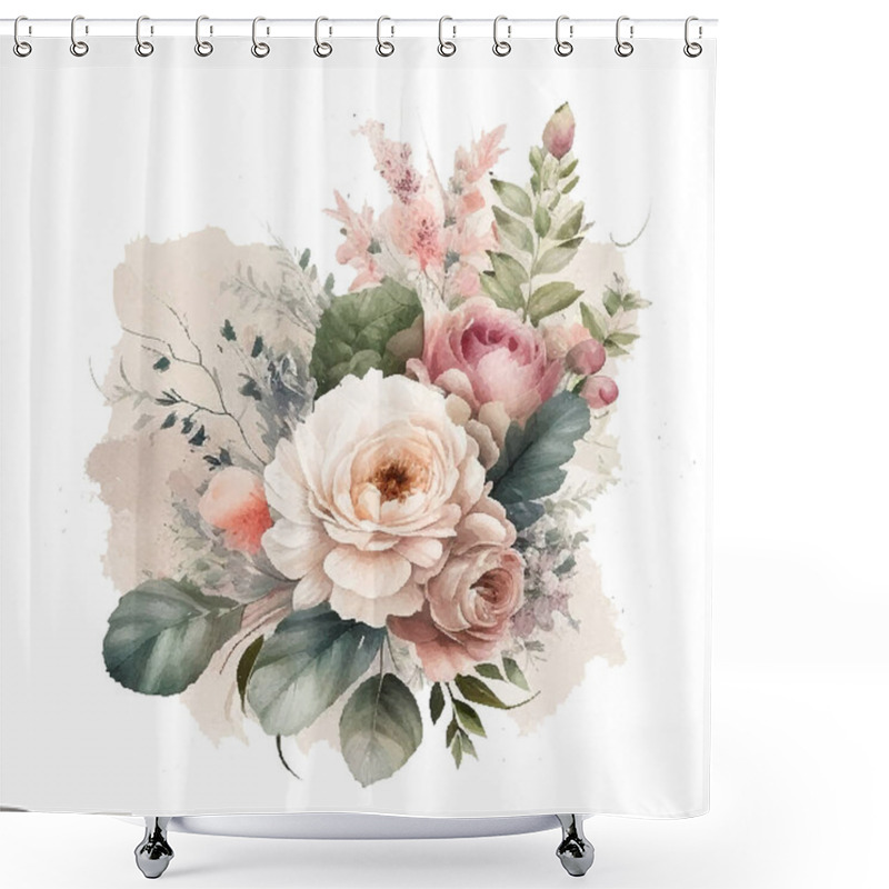 Personality  Vector Floral Bouquet Design Garden Pink Peach Lavender Creamy Powder Pale Rose Wax Flower, Anemone Eucalyptus Branch Greenery Leaves Berry. Shower Curtains