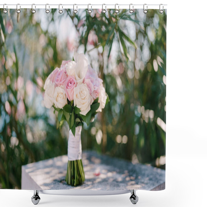 Personality  Bridal Bouquet Of Rose And Cream Roses And Calla Lilies White Stone Railway Near The Blooming Rose Oleander Bush Shower Curtains