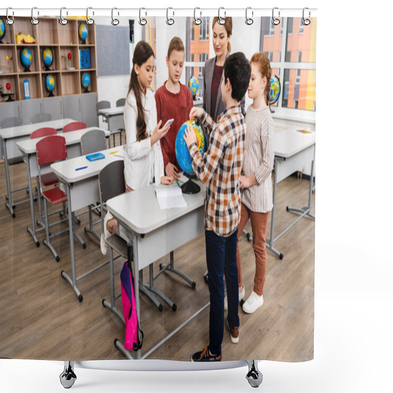 Personality  Teacher And Pupils Looking At Globe While Studying Geography In Classroom Shower Curtains