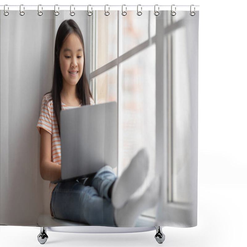 Personality  Beautiful Chinese Child Using Laptop, Chilling At Home Shower Curtains