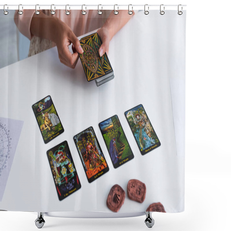 Personality  KYIV, UKRAINE - JUNE 29, 2022: Top View Of Tarot Cards On Table Near Cropped Fortune Teller Predicting At Home Shower Curtains