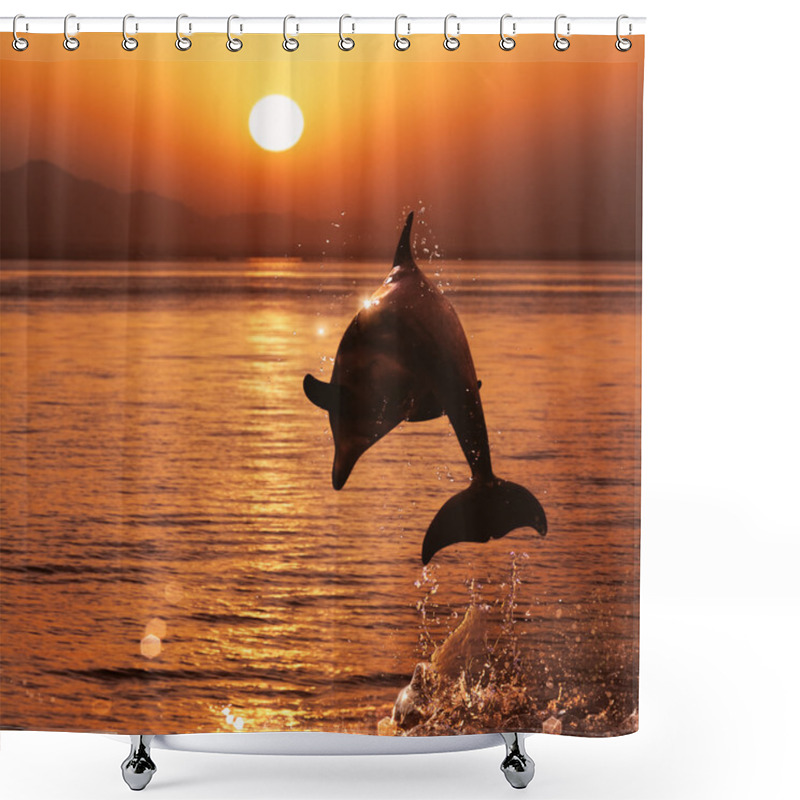 Personality  Beautiful Sunset And Dolphin Leaping Out Of Sea Surface Shower Curtains