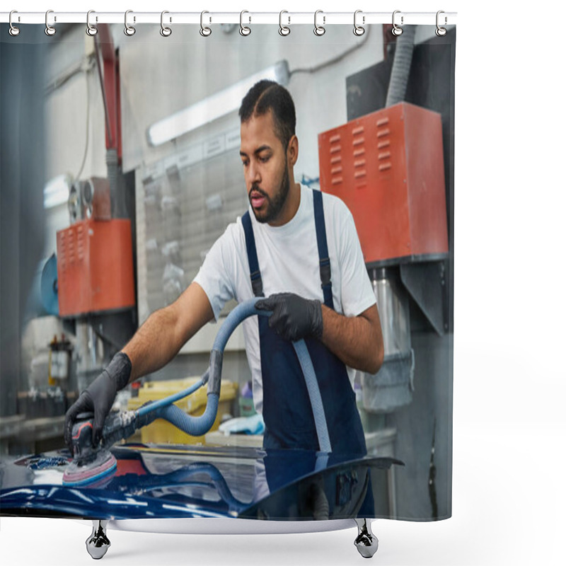 Personality  Handsome Young Mechanic Working Diligently On A Cars Surface In A Vibrant Auto Shop Shower Curtains