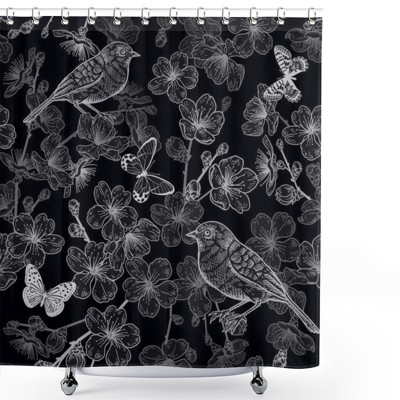 Personality  Japanese Cherry, Bird And Butterflies. Seamless Pattern. Black A Shower Curtains