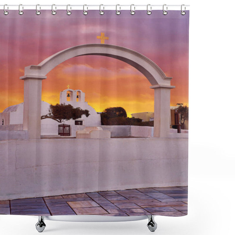 Personality  Arch, Church And Bell Towers In Oia Village, Santorini Island, Greece On A Sunrise With Dramatic Sky Shower Curtains