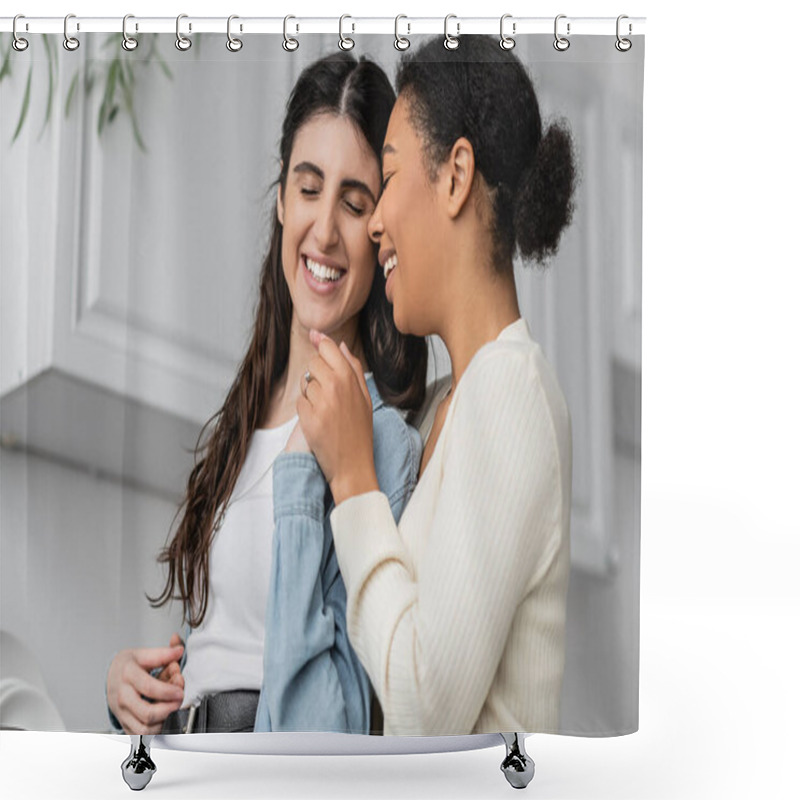 Personality  Overjoyed Multiracial Woman With Engagement Ring On Finger Hugging With Girlfriend  Shower Curtains